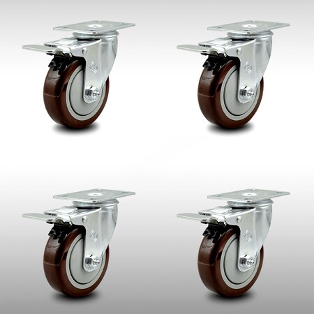 Service Caster 4 Inch SS Maroon Polyurethane Top Plate Caster Set Total Lock Brake SCC SCC-SSTTL20S414-PPUB-MRN-4